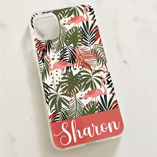 Personalised Mobile Phone Case with Tropical Pink Flamingo's and your name