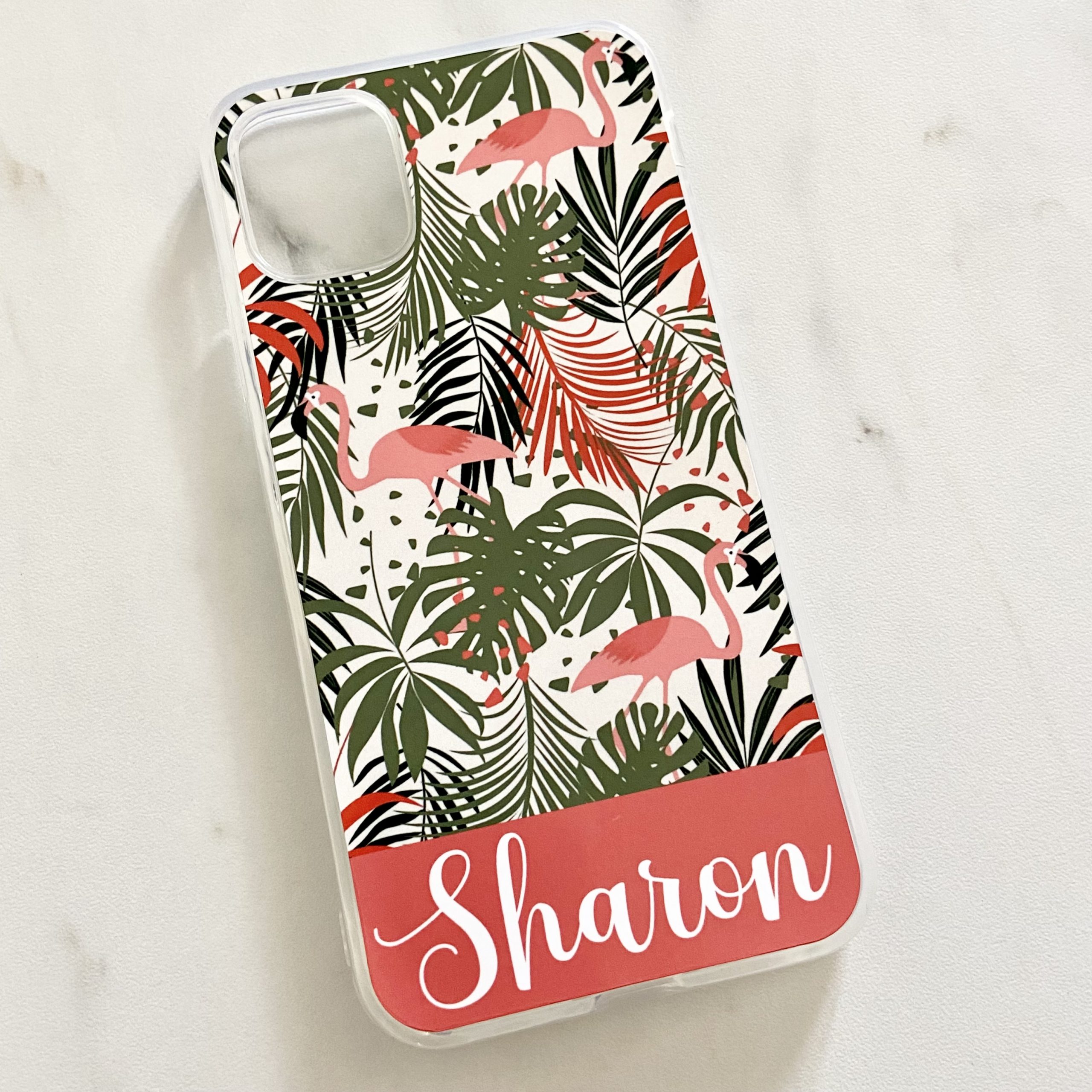 Personalised Mobile Phone Case with Tropical Pink Flamingo's and your name