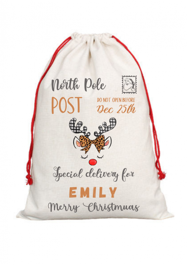 Personalised Christmas Grey Reindeer Sack