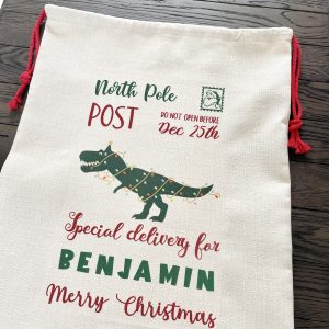 Personalised Christmas Sack From Santa Claus with dinosaur t-rex