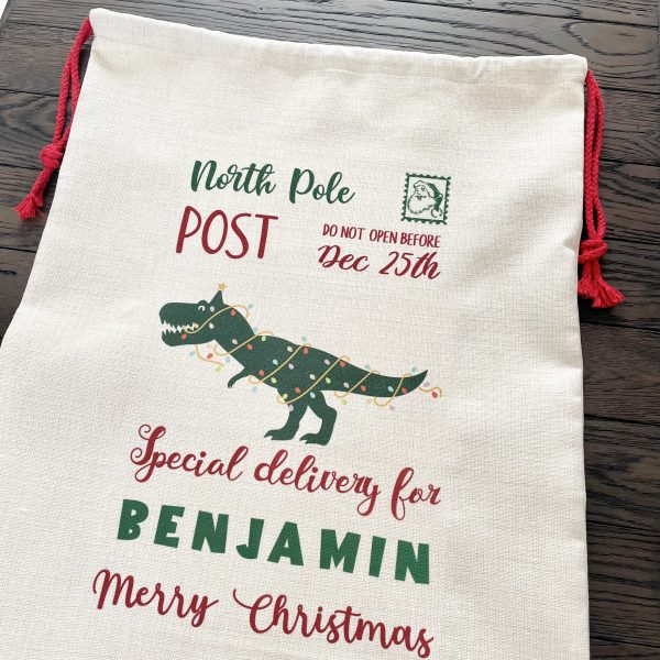 Personalised Christmas Sack From Santa Claus with dinosaur t-rex