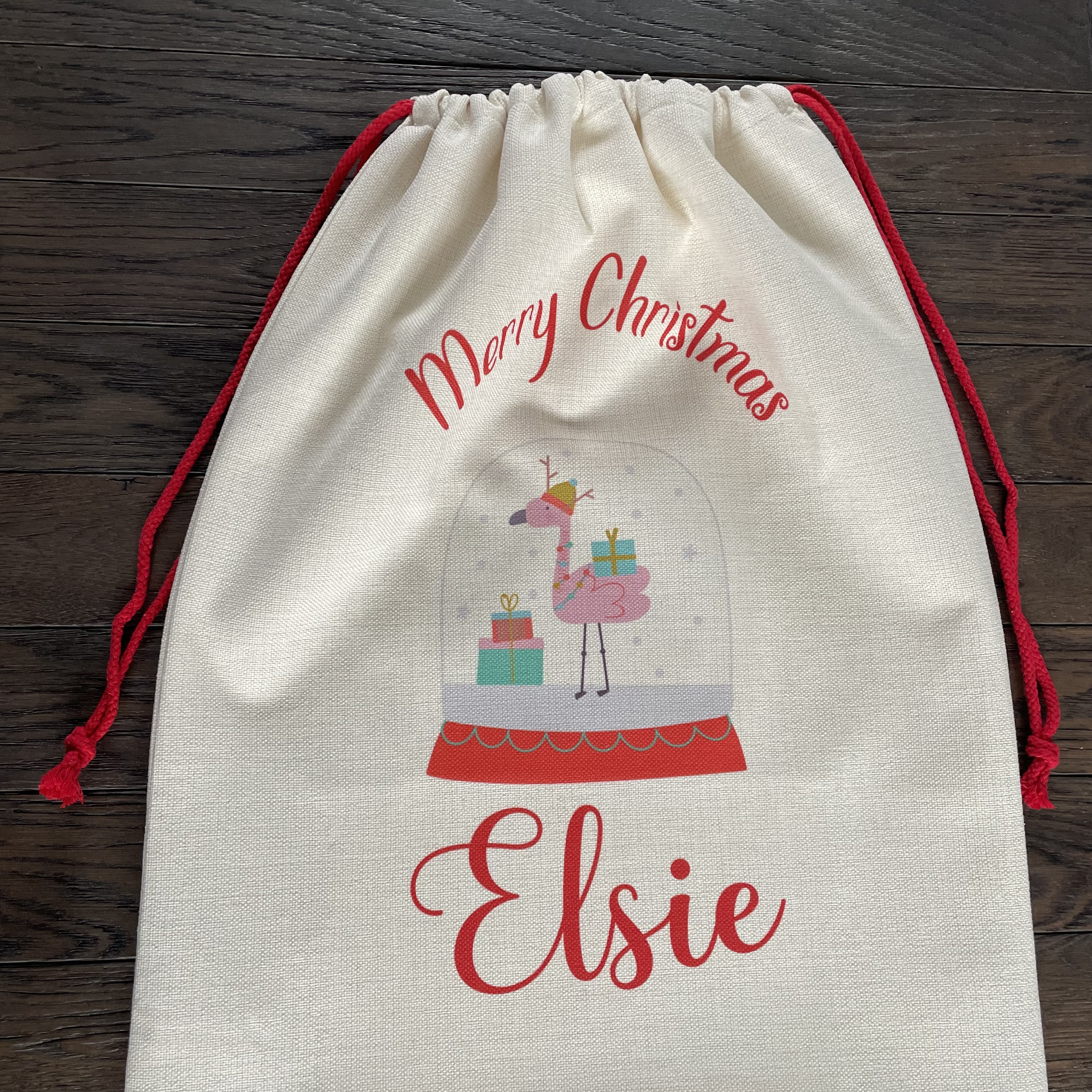 Personalised Flamingo Snow Globe Christmas Sack - Image 2