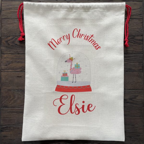 Personalised Flamingo Snow Globe Christmas Sack - Image 3