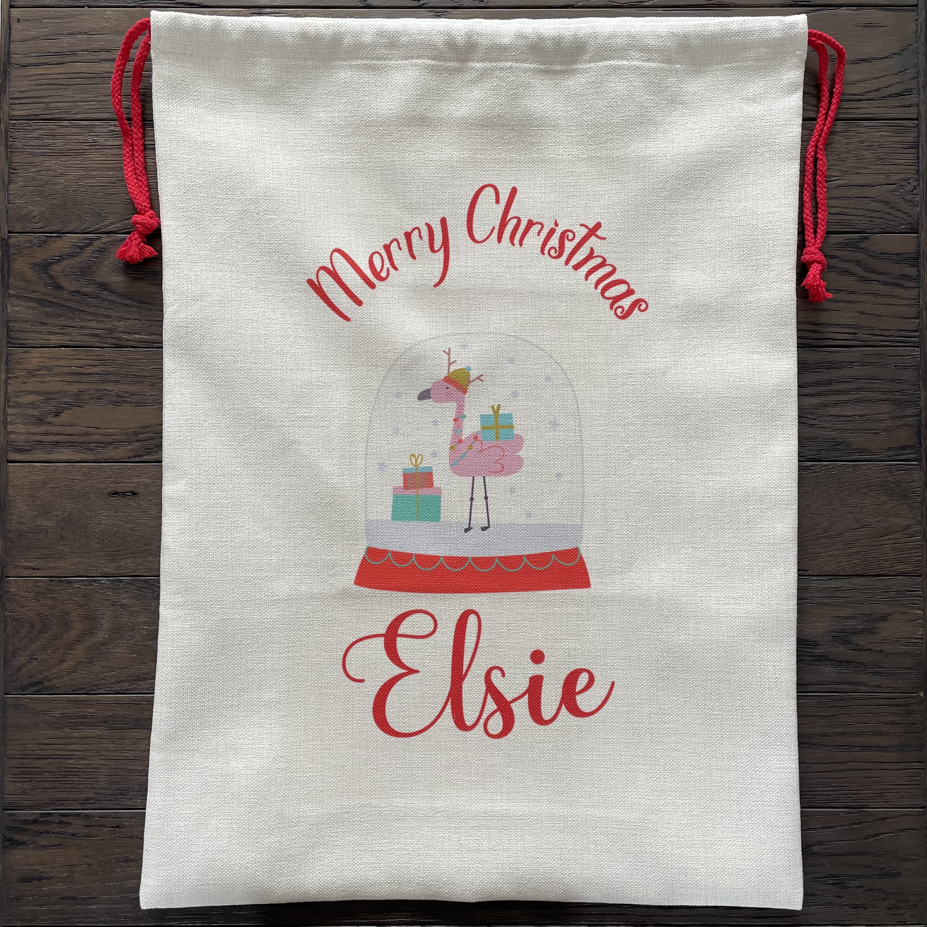 Personalised Flamingo Snow Globe Christmas Sack - Image 3
