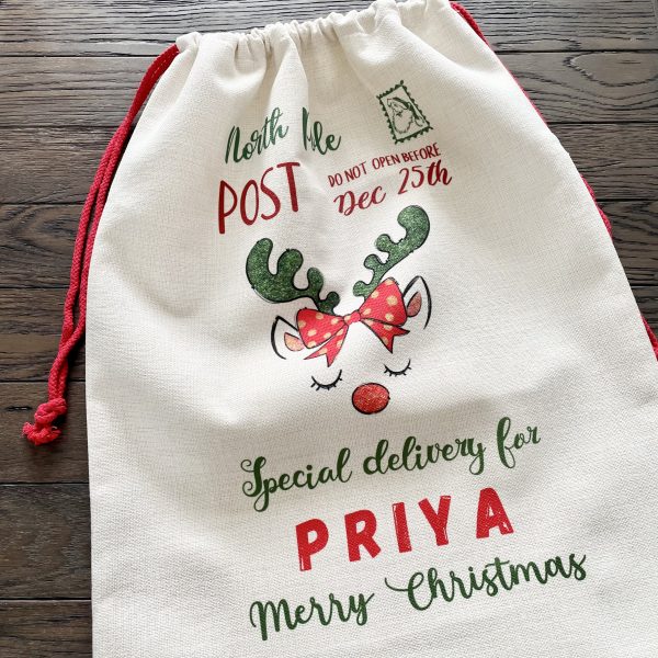 Personalised Christmas Red Reindeer Sack