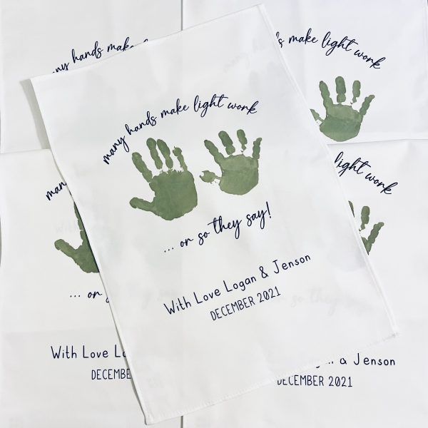 Personalised Many Hands Make Light Work Tea Towel