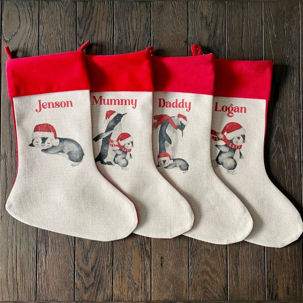 Personalised Red Penguins Christmas Stocking - Set of 4