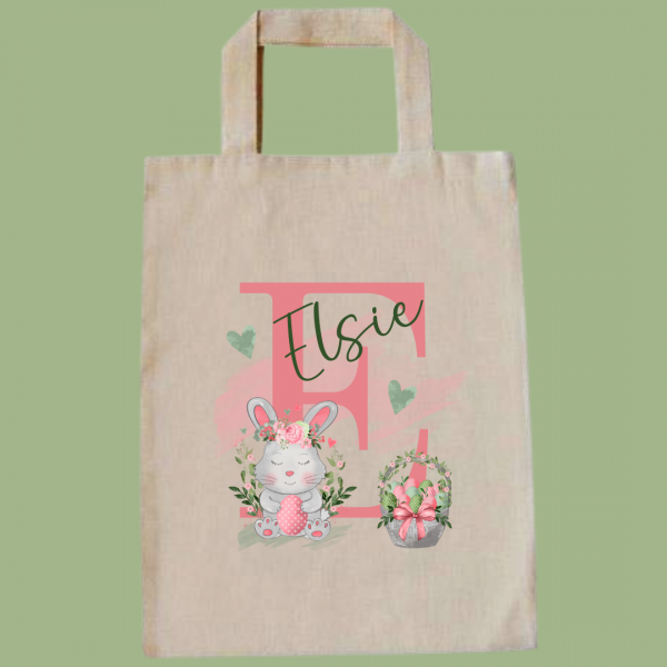 Personalised Pink Bunny Name Gift or Easter Egg Hunt Bag