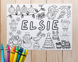 Personalised Children's Christmas Colouring Placemat Sheet, Kids Xmas Activity, Christmas Eve Box, Stocking Filler gift, Elf on the shelf drawing page